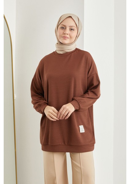 Saç Örgü Manşetli Tunik-Kahve