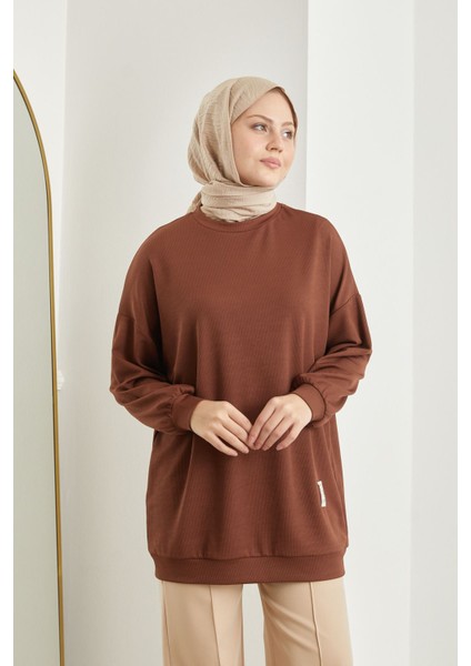 Saç Örgü Manşetli Tunik-Kahve