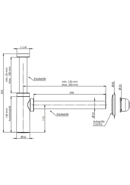 İz Yapı Moon Ayarlanabilen Lavabo Sifonu Siyah Taşmasız 300 mm Başlıklı Abs