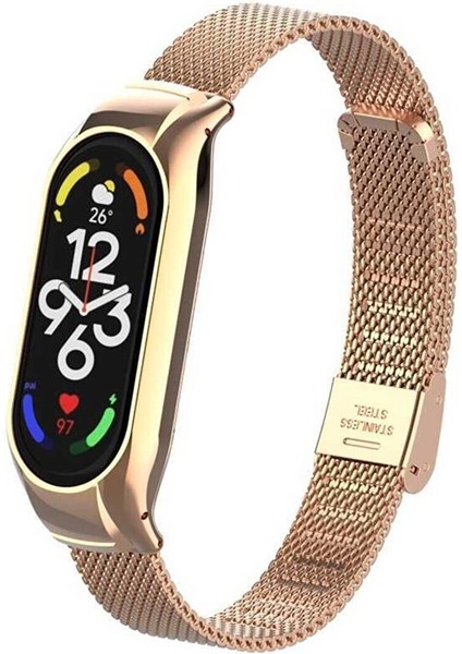 Xiaomi Mi Band 7 Uyumlu Metal Kasalı Klipsli Hasır Desenli Paslanmaz Çelik Kordon