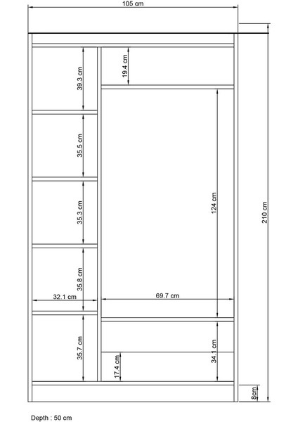 Sunroyal Concept Lavinia 210CM 3 Kapak 2 Çekmece Gardırop