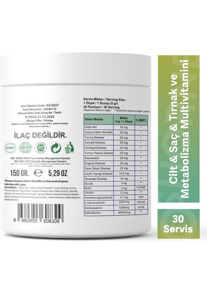 Chlorophyll Detox Powder ( Multivitamin Içeren Detoks Gıda Takviyesi ) fiyatları