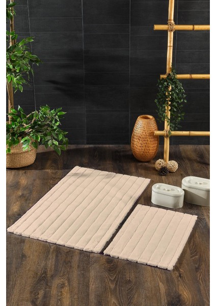 Hcw Line Bej %100 Pamuk Viskon 2 Parça Banyo Paspas Seti 40*60+60*100 cm