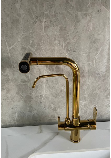 Mutfak Eviye Bataryası Dual Flow Arıtma Çıkışlı Duş Şelale 3 Fonksiyon Gold