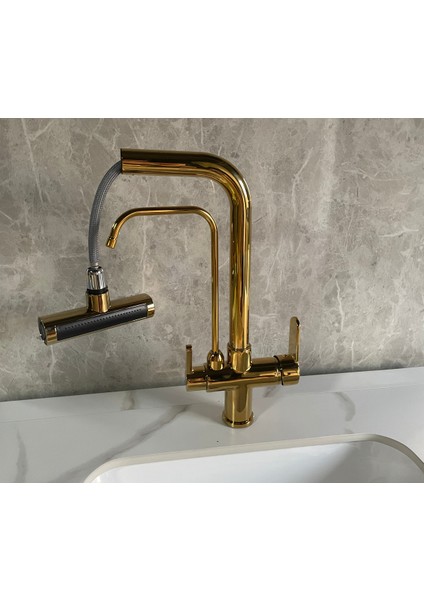 Mutfak Eviye Bataryası Dual Flow Arıtma Çıkışlı Duş Şelale 3 Fonksiyon Gold indirimleri