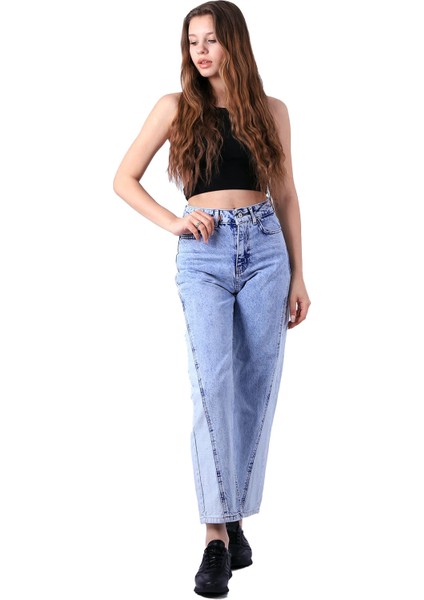 Parçalı Çift Renkli ve Yüksek Belli Cepli Astarsız Kadın Kot Pantolon Jean Açık Mavi Kot Denim