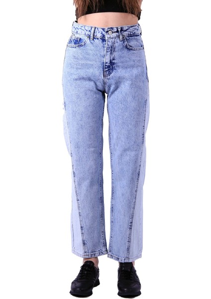 Parçalı Çift Renkli ve Yüksek Belli Cepli Astarsız Kadın Kot Pantolon Jean Açık Mavi Kot Denim