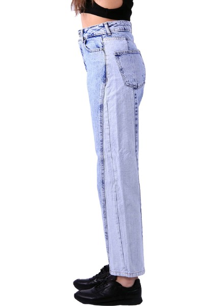 Parçalı Çift Renkli ve Yüksek Belli Cepli Astarsız Kadın Kot Pantolon Jean Açık Mavi Kot Denim