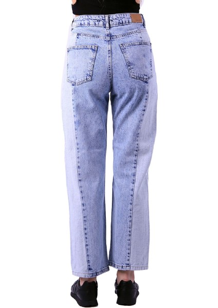 Parçalı Çift Renkli ve Yüksek Belli Cepli Astarsız Kadın Kot Pantolon Jean Açık Mavi Kot Denim