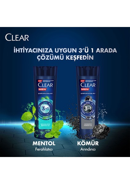 Men 3 in 1 Şampuan & Duş Jeli Ferahlatıcı Mentol Saç Yüz Vücut İçin 350 ml