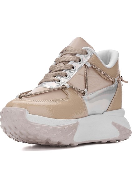 Günlük Kadın Sneaker Rugan Spor Ayakkabı Yüksek Kalın Topuklu Bağcıklı Taş Detaylı Hafif Rahat 1038