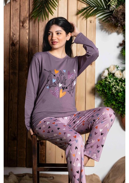 Kadın Yuvarlak Yaka Love Desen Penye Pijama Takımı 200832-BORDO