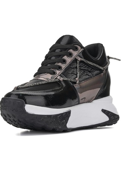 Günlük Kadın Sneaker Rugan Spor Ayakkabı Yüksek Kalın Topuklu Bağcıklı Taş Detaylı Hafif Rahat 1038