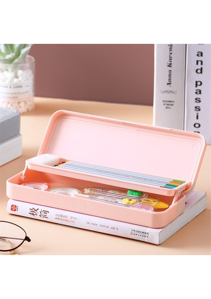 Pembe Tarzı Basit Kalem Kutusu Çift Katmanlı Kalem Kutusu Boyama Malzemeleri Plastik Saklama Kutusu Öğrenme Kırtasiye Ofis Kalem Organizatör (Yurt Dışından)