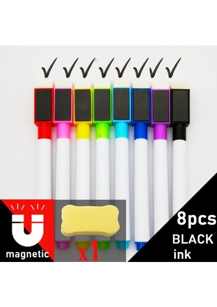 E 8 Adet Siyah Stil 8 Adetlot Renkli Siyah Okul Sınıf Malzemeleri Manyetik Beyaz Tahta Kalem Işaretleyiciler Kuru Silgi Sayfaları Çocuk Cetvel Kalemi (Yurt Dışından)