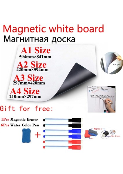 A2-6PEN1SILGI Stili Yumuşak Manyetik Beyaz Tahta Buzdolabı Sticker Kuru Beyaz Tahta Okul Mutfak Ofis Işaretleyici Kalem ile Mesaj Panosu Memo (Yurt Dışından) fiyatları