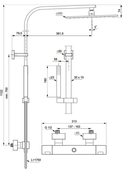 A7542AA Ceratherm C100 Termostatik Duş Sistemi-Dikdörtgen Borulu