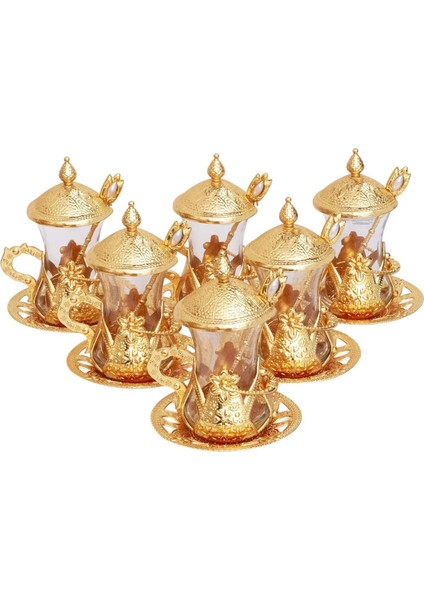 Çay Seti Osmanlı Motifli Kaşıklı Çay Sunum Seti Türk Çay Bardağı Seti Geleneksel Türk Motifleri 6 Lı