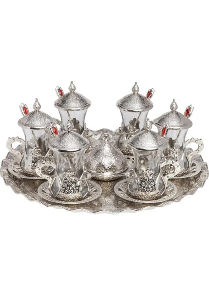 Çay Seti Osmanlı Motifli Kaşıklı Çay Sunum Seti Türk Çay Bardağı Seti Geleneksel Türk Motifleri 6 Lı