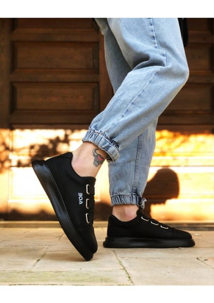 Erkek Siyah Üç Bantlı Sneaker Ortopedik Taban Mevsimlik Günlük Ayakkabı