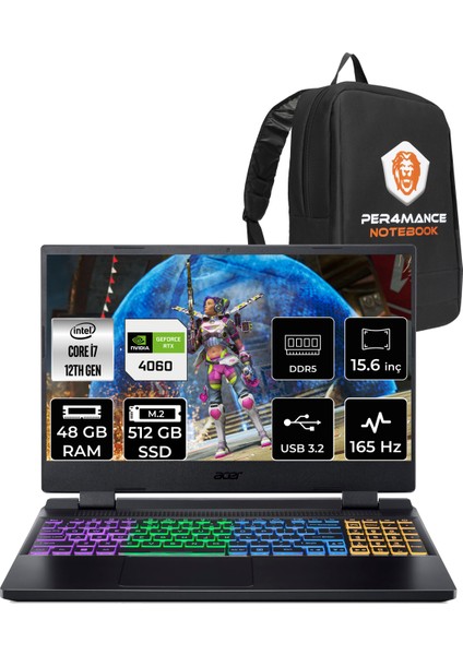 Nitro 5 Intel Core I7 12700H 48GB 512GB SSD RTX4060/8GB 165HZ 15.6" Fhd Fdos Taşınabilir Bilgisayar NH.QM0EY.002 & Per4 Çanta NHQM0EYP327