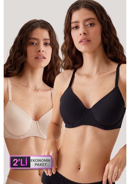 2'li Ekonomik Paket Siyah-Ten 6224 Barcelona Desteksiz Toparlayıcı Micro Sütyen Set D Cup Seçeneği