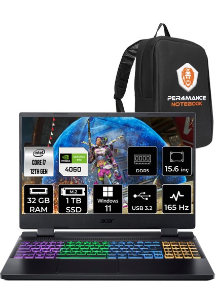 Nitro 5 Intel Core I7 12700H 32GB 1tb SSD RTX4060/8GB 165HZ 15.6" Fhd W11H Taşınabilir Bilgisayar NH.QM0EY.002 & Per4 Çanta NHQM0EYP358