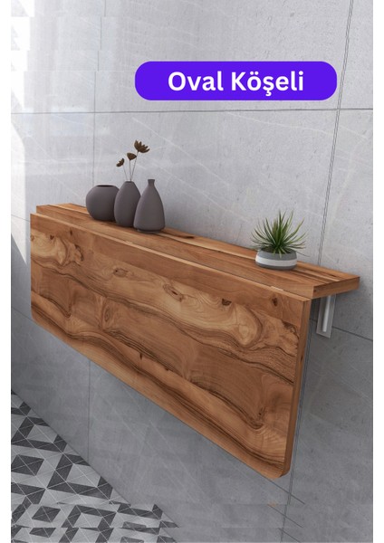 45X72 cm Oval Köşeli Zeytin Ahşap Desenli Sabit Raflı Duvara Monte Kırma Katlanır Yemek Masası