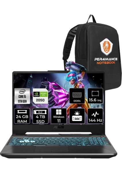 Tuf Gaming F15 Intel Core I5 11400H 24GB 4tb SSD RTX2050/4GB 144HZ 15.6'' Fhd W11P Taşınabilir Bilgisayar HN028 & Per4 Çanta HN028P425