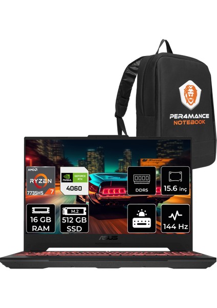 Tuf Gaming A15 Amd Ryzen 7 7735HS 16GB 512GB SSD RTX4060/8GB 144HZ 15.6 Fhd Fdos Taşınabilir Bilgisayar LP038 & Per4 Çanta LP038P307