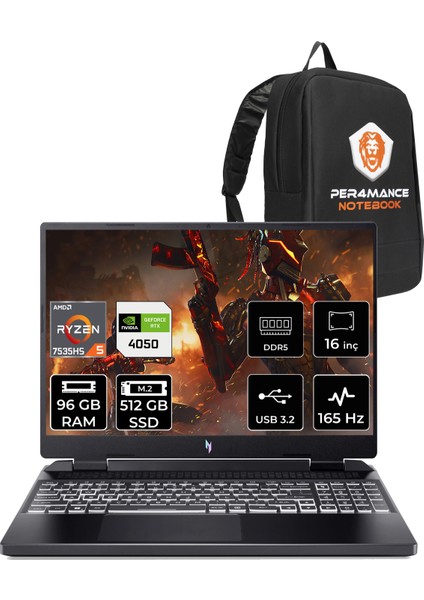 Nitro 16 Amd Ryzen 5 7535HS 96GB 512GB SSD RTX4050/6GB 165HZ 16'' Fhd+ Fdos Taşınabilir Bilgisayar NH.QKBEY.003 & Per4 Çanta NHQKBEYP337