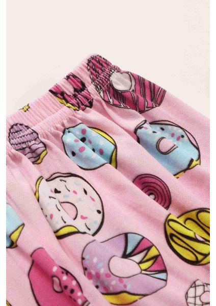 Kısa Kollu Alt Uzun Donut Baskılı Pijama Takımı Çok Renkli