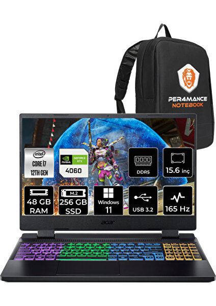 Nitro 5 Intel Core I7 12700H 48GB 256GB SSD RTX4060/8GB 165HZ 15.6" Fhd W11P Taşınabilir Bilgisayar NH.QM0EY.002 & Per4 Çanta NHQM0EYP406