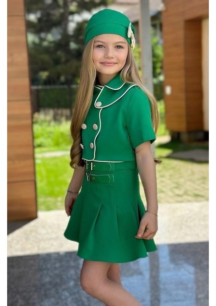 Kokoş Kemer Detaylı Etek, Çift Yaka Gömlek ve Fiyonklu Şapka Dahil Takım indirimleri