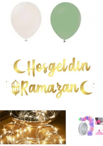 Hayaller Dükkanı Ramazan Süsleri 3 Aylar Süsleri, Hoşgeldin Ramazan ve LED Işık ve Yıldız Perde ve 10 Adet Balon