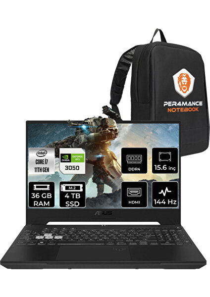 Tuf Gaming F15 Intel Core I7 12700H 36GB 4tb SSD RTX3050/4GB 144HZ 15.6" Fhd Fdos Taşınabilir Bilgisayar HN009 & Per4 Çanta HN009P335