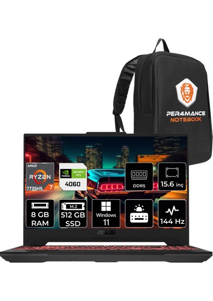 Tuf Gaming A15 Amd Ryzen 7 7735HS 8gb 512GB SSD RTX4060/8GB 144HZ 15.6 Fhd W11P Taşınabilir Bilgisayar LP023 & Per4 Çanta LP023P382