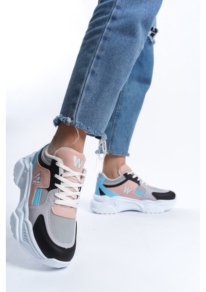 Kadın Gri Pembe Mavi Bağcıklı Tarz Taban Sneaker