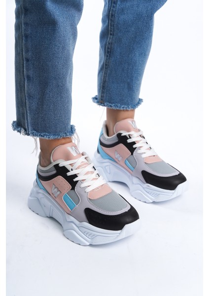 Kadın Gri Pembe Mavi Bağcıklı Tarz Taban Sneaker
