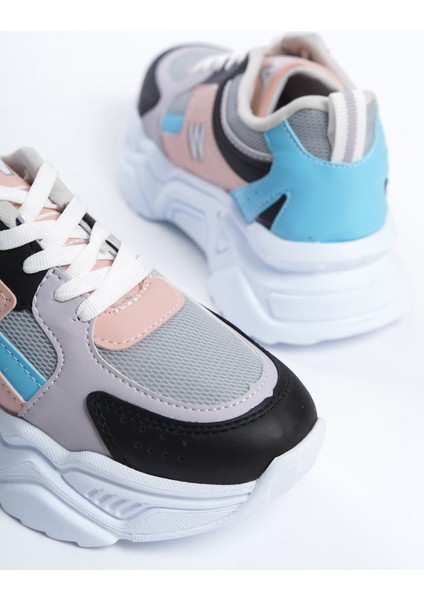 Kadın Gri Pembe Mavi Bağcıklı Tarz Taban Sneaker