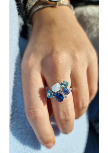 Ithal Opal Mavi Çiçekli Tasarım Gümüş Set modelleri