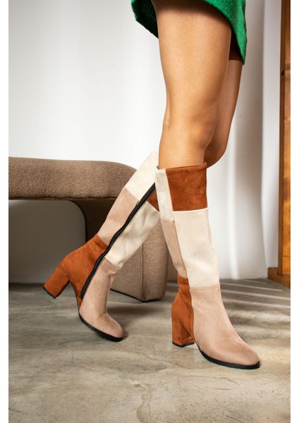 Günlük Kadın Dizaltı Çizme Süet Kalın Yüksek Kalın Topuklu Tırtıklı Taban Fermuarlı Rahat 700 modelleri