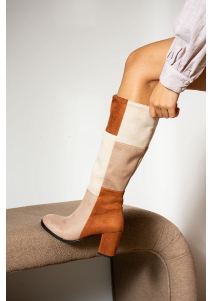 Günlük Kadın Dizaltı Çizme Süet Kalın Yüksek Kalın Topuklu Tırtıklı Taban Fermuarlı Rahat 700 indirimleri