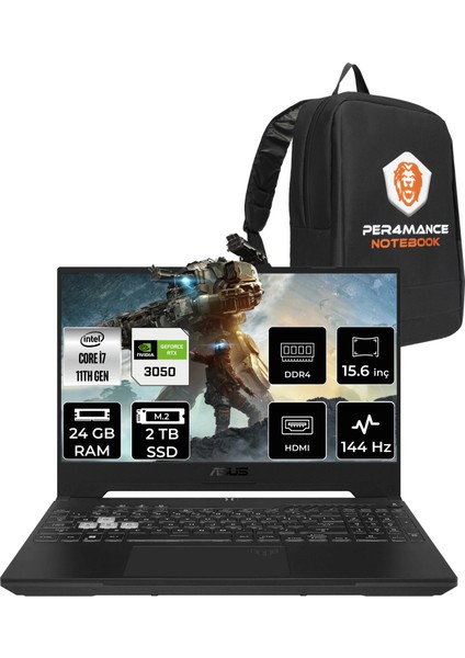 Tuf Gaming F15 Intel Core I7 12700H 24GB 2tb SSD RTX3050/4GB 144HZ 15.6" Fhd Fdos Taşınabilir Bilgisayar HN009 & Per4 Çanta HN009P324