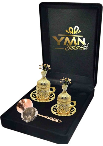 Özel Kutulu Bakir Kahve Fincan Takimi Gold 2 Kişilik Cezve