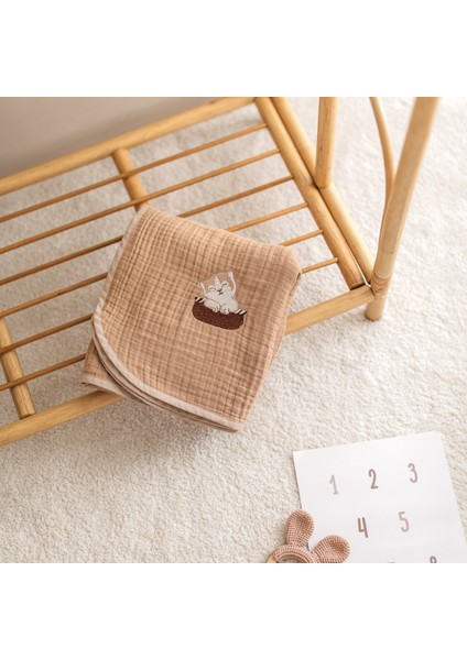 %100 Organik Pamuk 4 Katlı Müslin Bebek Battaniyesi - 100X100 cm Kedicik Nakışlı Müslin Battaniye Örtü modelleri