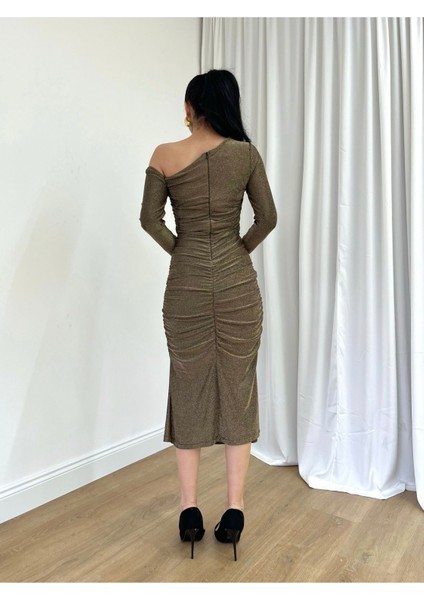 Kadın Midi Bodycon Elbise Çıkarılabilir Gül Detay Çapraz Yaka Simli Abiye & Mezuniyet Elbisesi