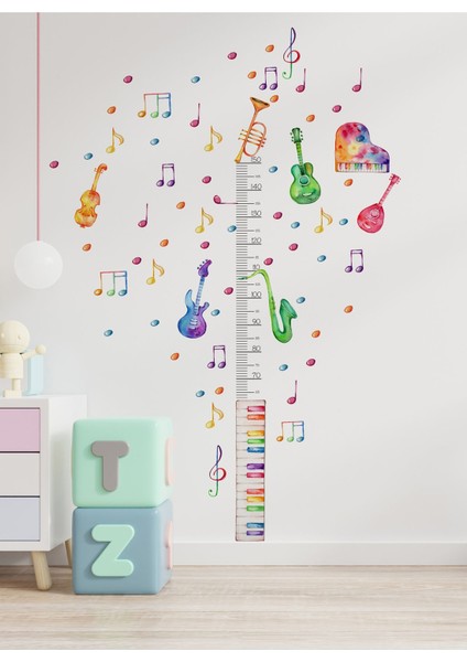 Renkli Notalar Piyano Müzik Temalı Boy Ölçer Çocuk Duvar Ayna Dolap Kapı Için Sticker