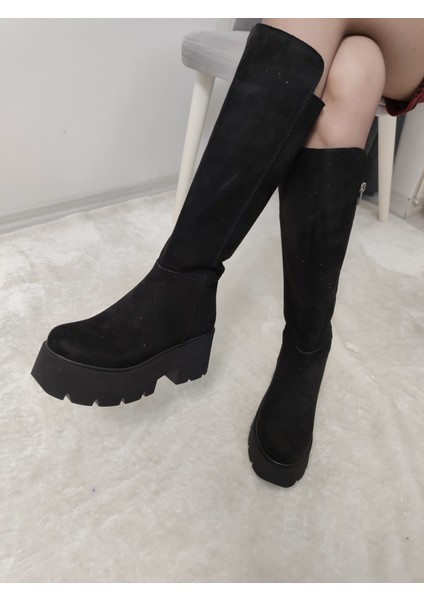 Çiğdem Siyah Yüksek Taban Çizme - Siyah-Süet - 37