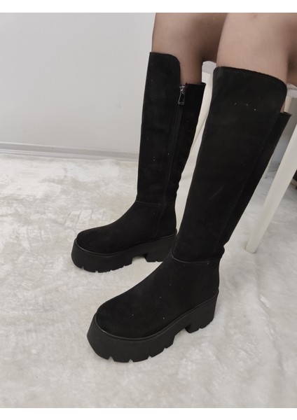Çiğdem Siyah Yüksek Taban Çizme - Siyah-Süet - 37 indirimleri